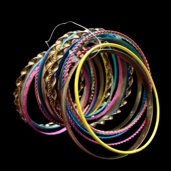 NWT Gold/ Pink/ Blue/ Turquoise Toned Metal Bangle Bracelet Set (24 Bangles) - Picture 6 of 8